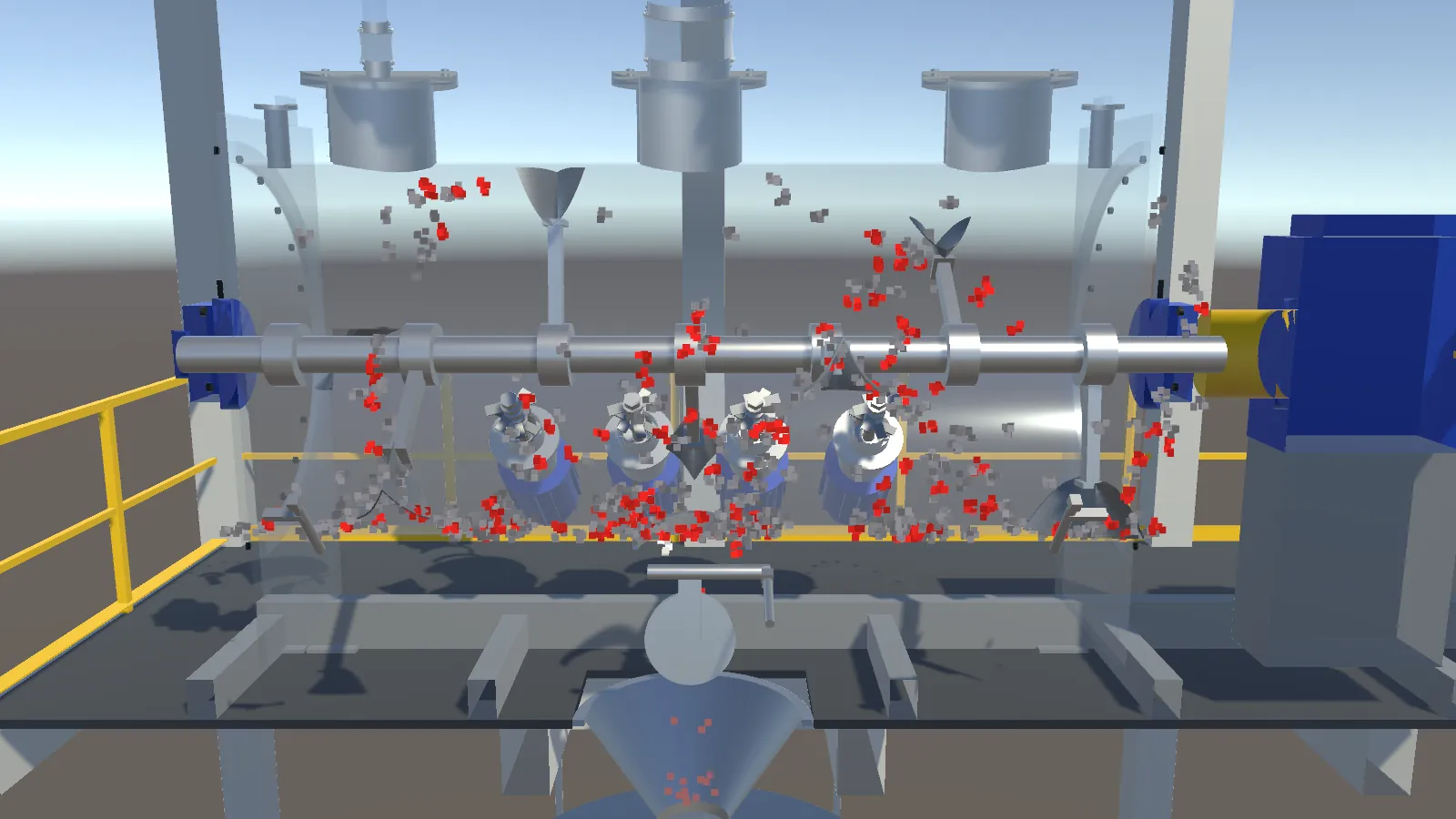 Mixer twin cutaway, batch discharging through the bottom outlet
