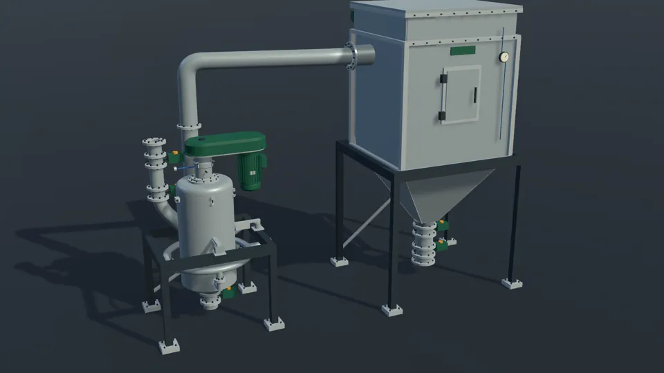 Jet mill connected to a bag filter hopper